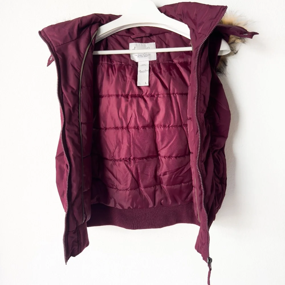 American Rag Puffer Vest with Faux Fur Attached Hood Burgundy Women's Size L